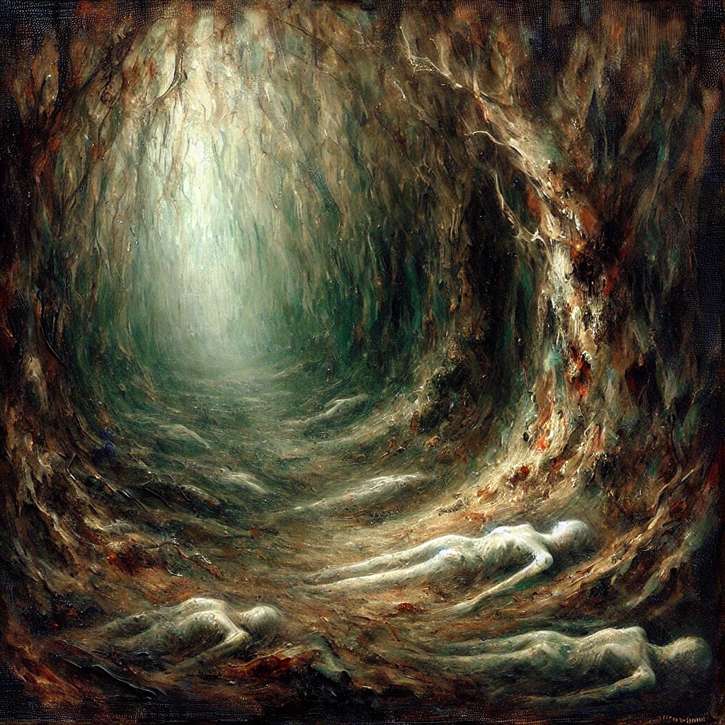 A dark and symbolic oil painting with a surreal theme of hidden truths and mystery, representing the idea of 'hiding the bodies.' The scene features a dense, shadowy forest with patches of overgrown foliage, where the ground subtly hints at shapes buried beneath. A dim, ethereal light filters through the canopy, creating an eerie, unsettling atmosphere. The strokes are expressive and textured, using a palette of deep greens, browns, and muted grays, contrasted with faint hints of red and gold to symbolize secrets and unease. The artwork conveys a sense of obscurity and buried narratives, inviting introspection.