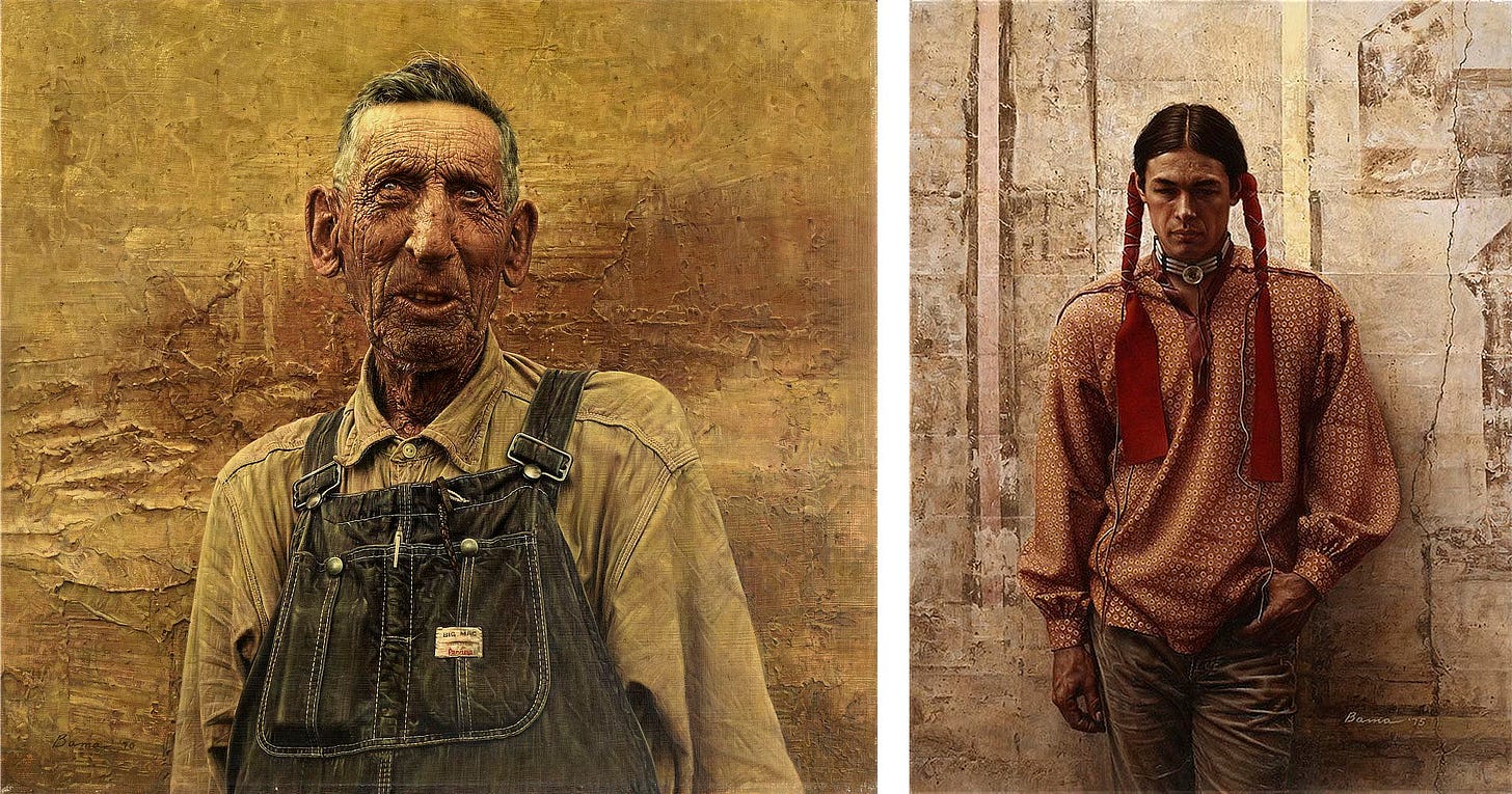 LEFT: ROY BENZONA – OLD MAN WYOMING, hyper photorealistic painting of an old farmer in overalls posed against a textured wall. The wrinkles on the man's brow nearly swallow his glassy eyes. High cheek bones, long nose, and elephantine ears give his long face remarkable character. He looks nearly fossilized but his short hair is well kept, white at the edges and gray at the top. Beneath his blue overalls, he wears a tan long sleeved work shirt buttoned to the top with the collar sitting uneven with the points dog eared and wrinkled.  RIGHT: A YOUNG OGLALA SIOUX, photo realistic portrait of a Native American man framed from the thighs up with one hand in his pocket as he stares down thoughtfully. His twin braids wrapped in red cloth hang down over his chest. The thin cords binding the braids fall like headphone wires to his waist as he poses against a textured wall with fading lines and cracks running down it. His shirt looks finely hand crafted with an interesting pattern of small circles, standing out light on desaturated salmon colored cloth. On his neck, he wears a choker with stiff white segments forming 3 parallel lines and a round pendant centered in the front with a leather corner falling beneath.