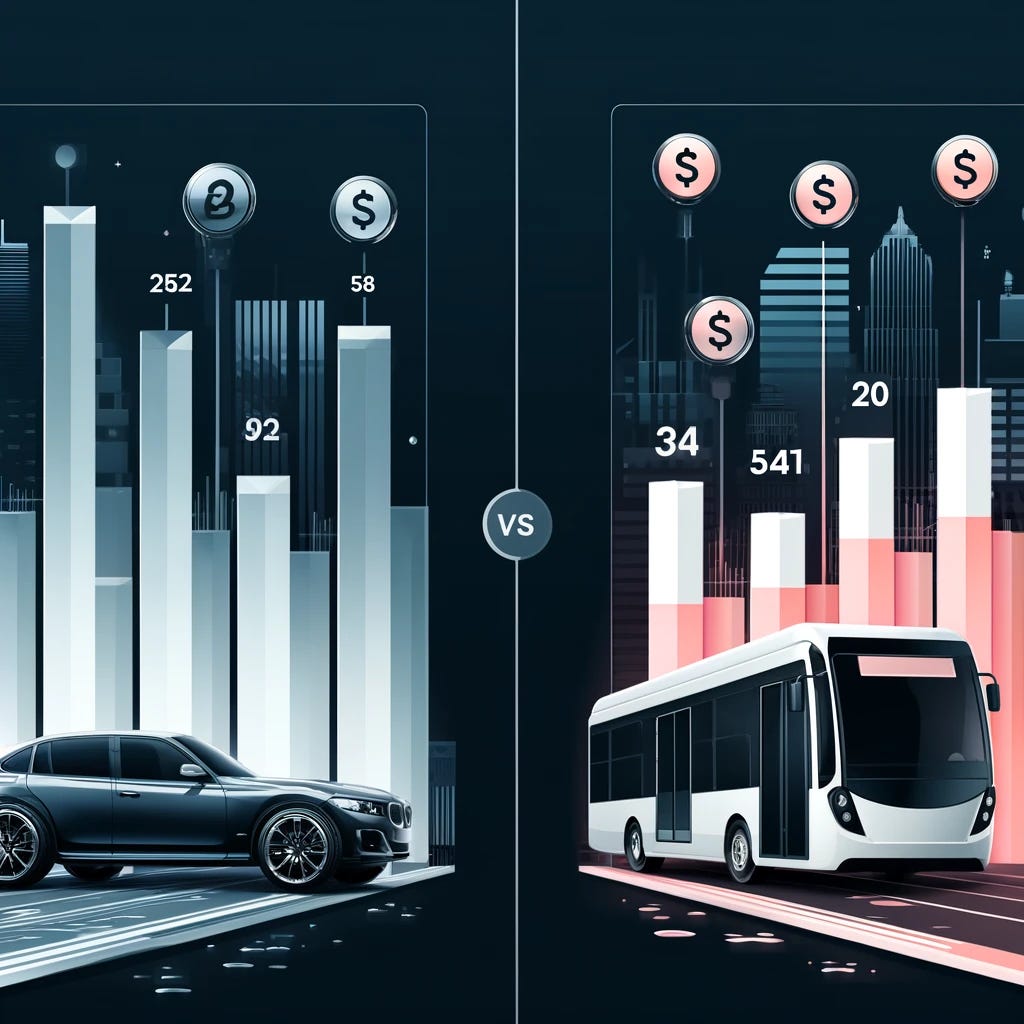 A modern digital infographic featuring a side-by-side comparison of costs for driving a car versus using public transport, with no text or labels. The left side shows a sleek modern car, and the right side depicts a city bus and train. The infographic includes visual cost indicators, like rising or falling coins or bars, without any numerical values. The background features a stylized cityscape. The design is clean and uses bold colors to differentiate between the two transport options.