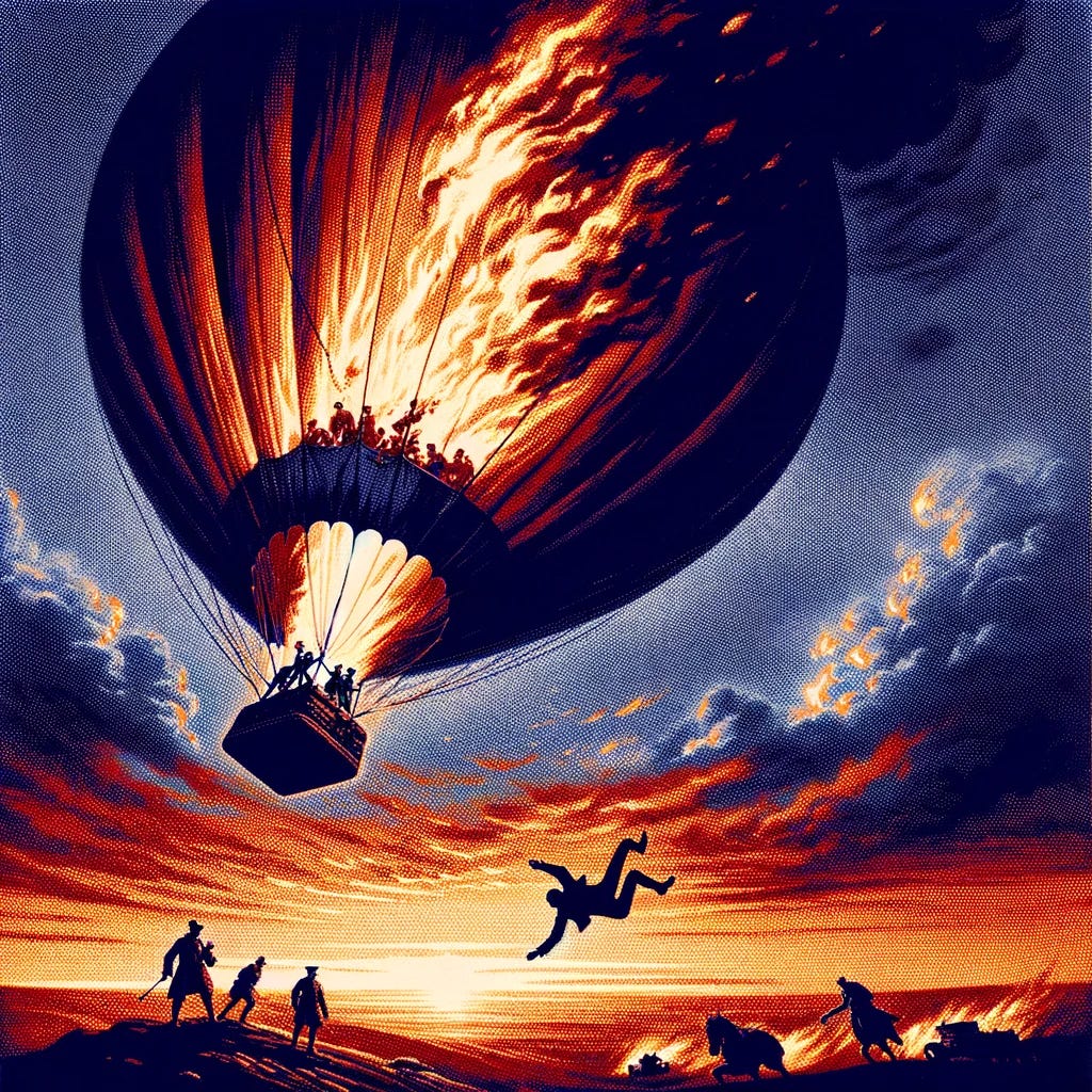 A posterized image with dominant colors #FFBC52, #47A9FF, and #FFBC52. The scene shows a balloon flying in the open sky, which is the only object in the sky. Several people are visible inside the balloon, and the balloon is on fire. One person has jumped off the balloon and is depicted in mid-air, falling away from the balloon. The overall tone of the image is dramatic and intense, capturing the urgency and peril of the situation.
