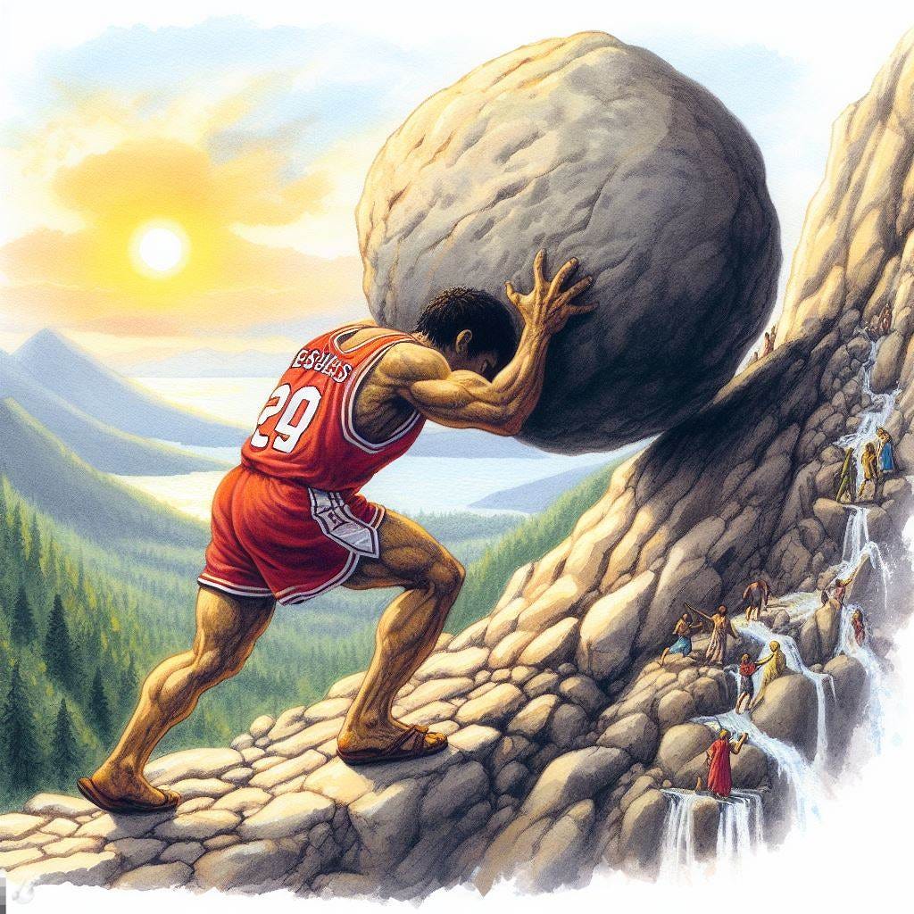 Sisyphus in an Eastern Washington University basketball jersey pushing a boulder up a hill and weeping, watercolor