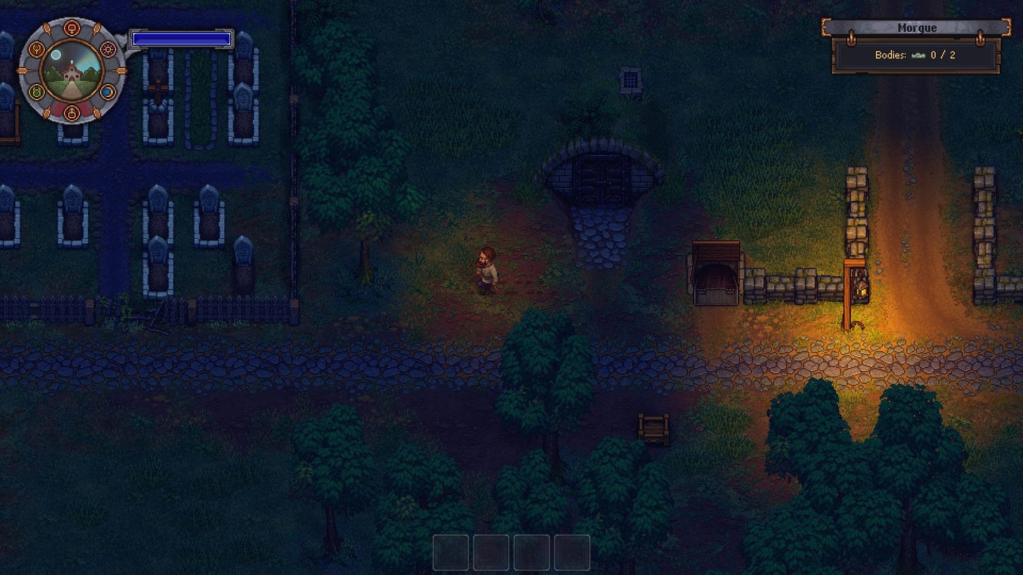 Screenshot of the game Graveyard Keeper with the eponymous PC walking between a medieval morgue and a church graveyard at night.