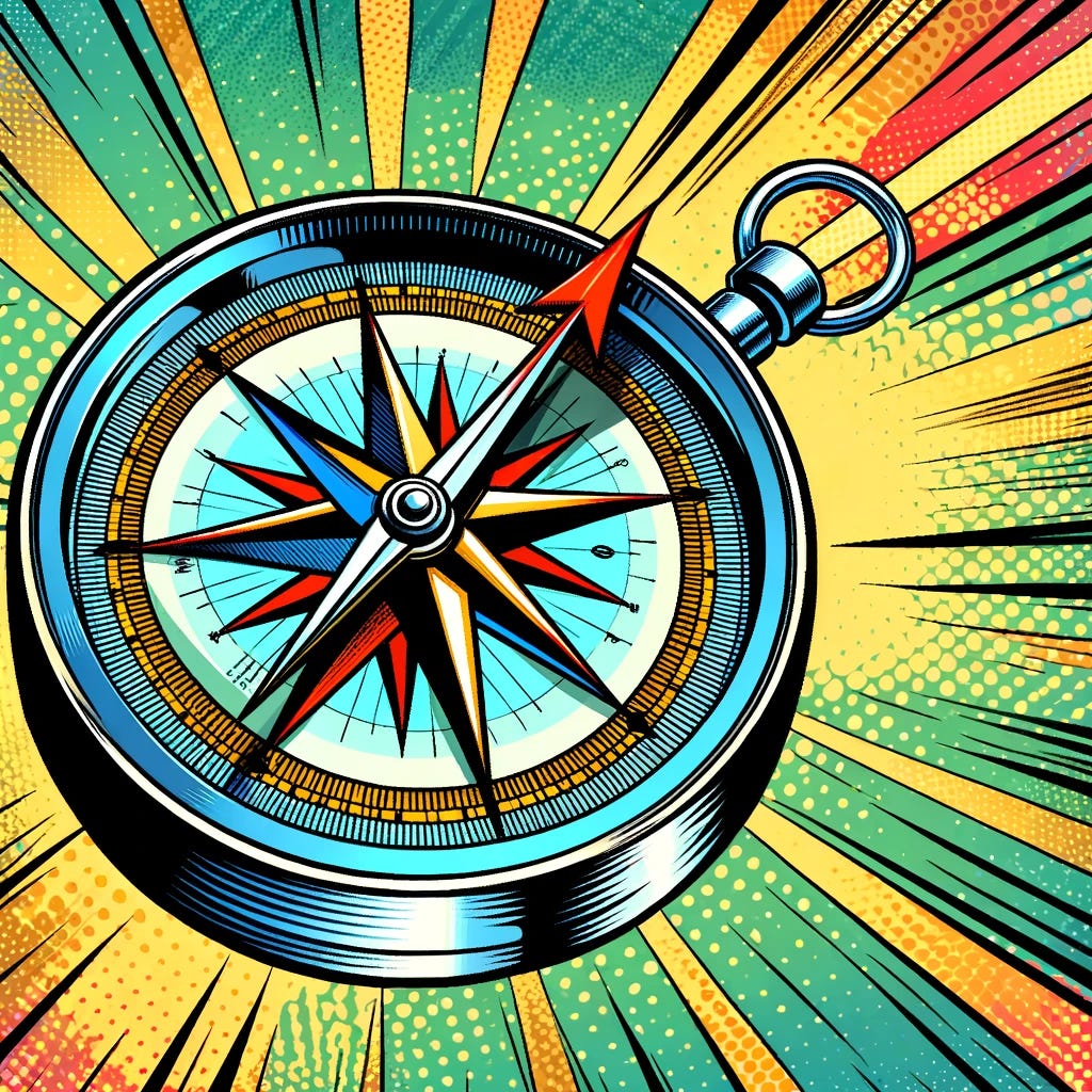 A vibrant comic book style image featuring a large, detailed compass at the center. The compass needle is dynamically pointing, symbolizing direction and guidance for a team. The background is filled with bright colors, adding energy and emphasis to the scene. The compass is intricately designed, standing out as the focal point of the image.