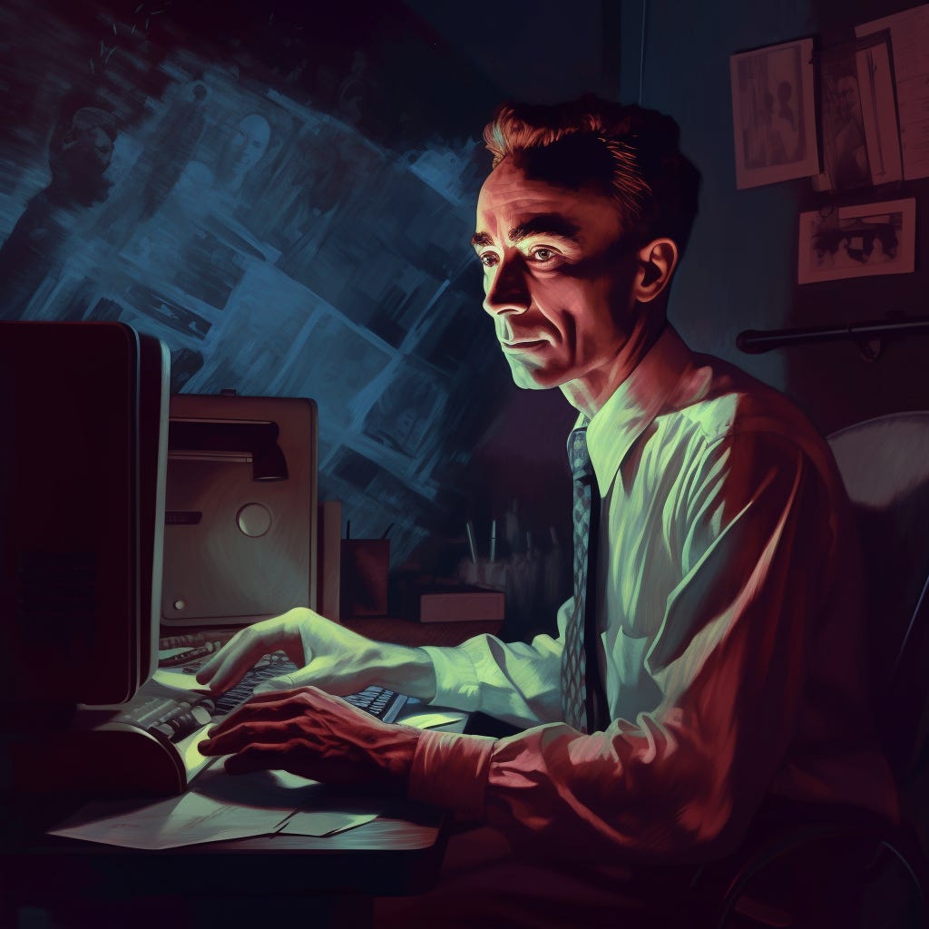 a full color illustration of Robert Oppenheimer working from behind a modern computer monitor with the light glowing on his face