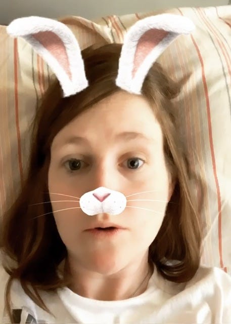 White woman with brown hair using a bunny filter on face