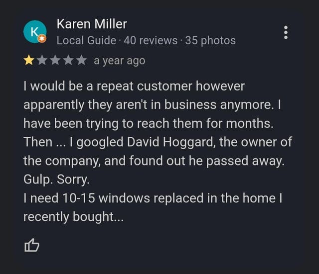 r/googleReviews - Owner of company died? 1 Star!
