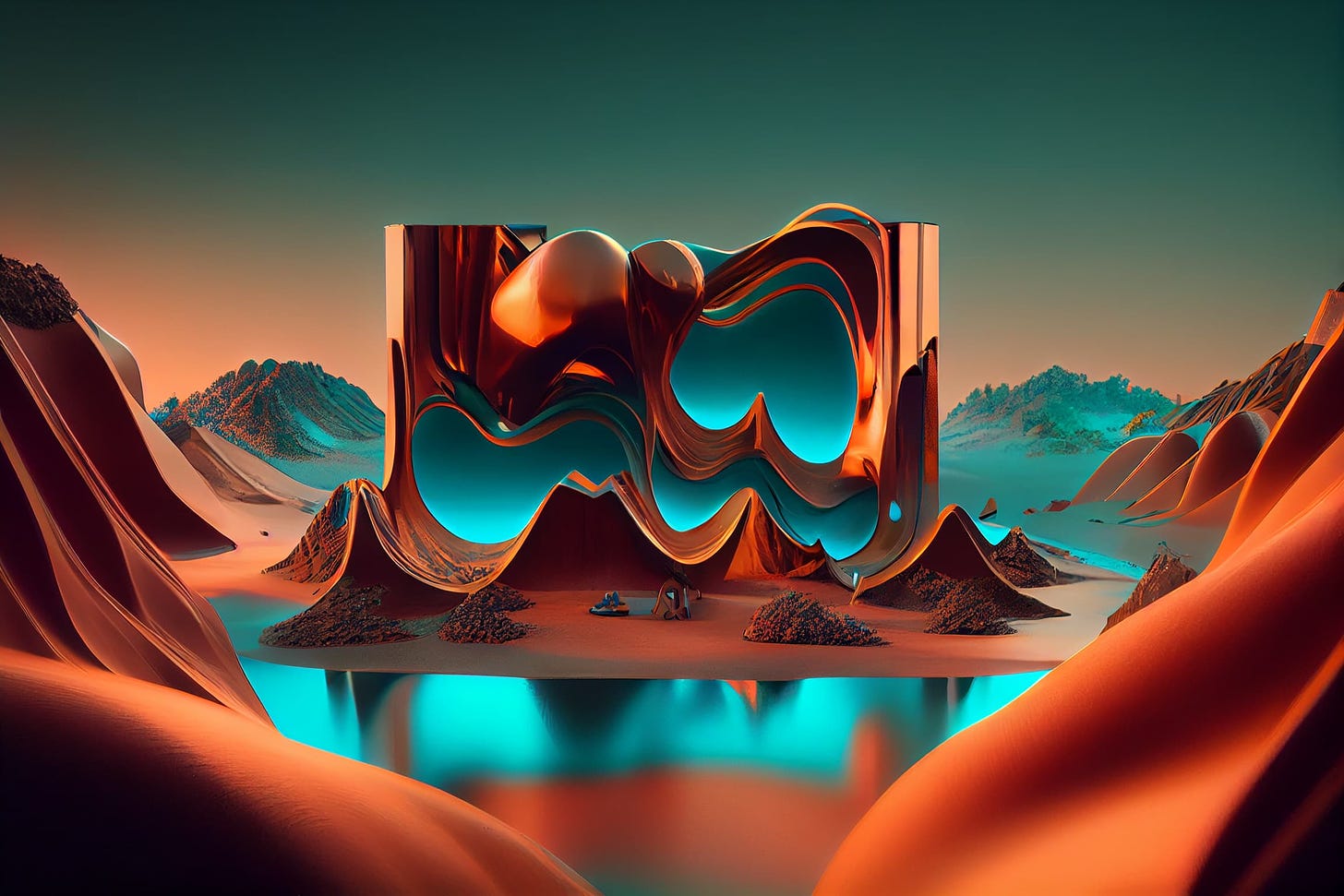 AI-generated image of a copper and turquoise alien landscape, created in Midjourney