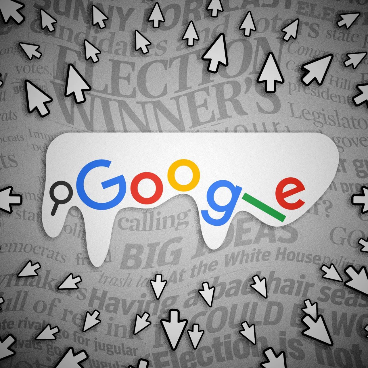 Illustration of the Google logo dripping onto a newspaper background with many computer mouse cursors pointing at it.