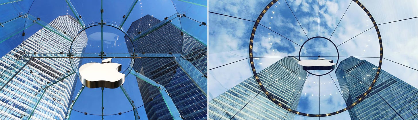 A before and after split photo showing the interior of the old and new glass drum entrances at Apple Pudong. The new glass is dramatically simplified.