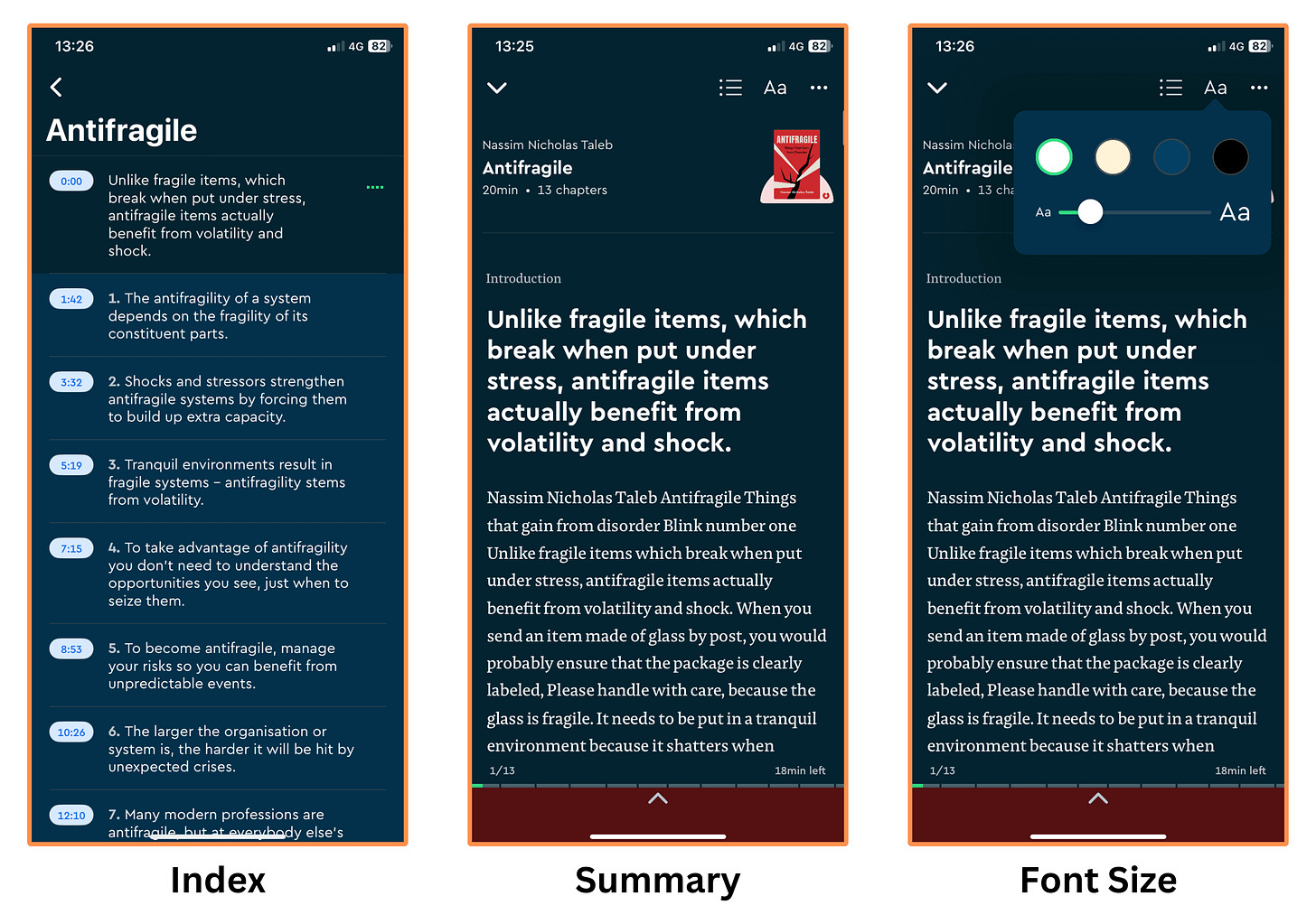 Blinkist’s “key ideas” for the book Antifragile (mobile app + dark mode)