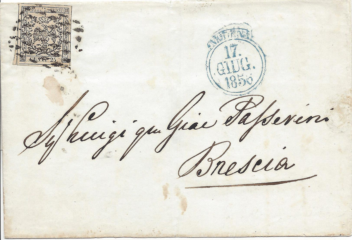 1856 letter showing 2nd distance for Austro-Italian League from Modena