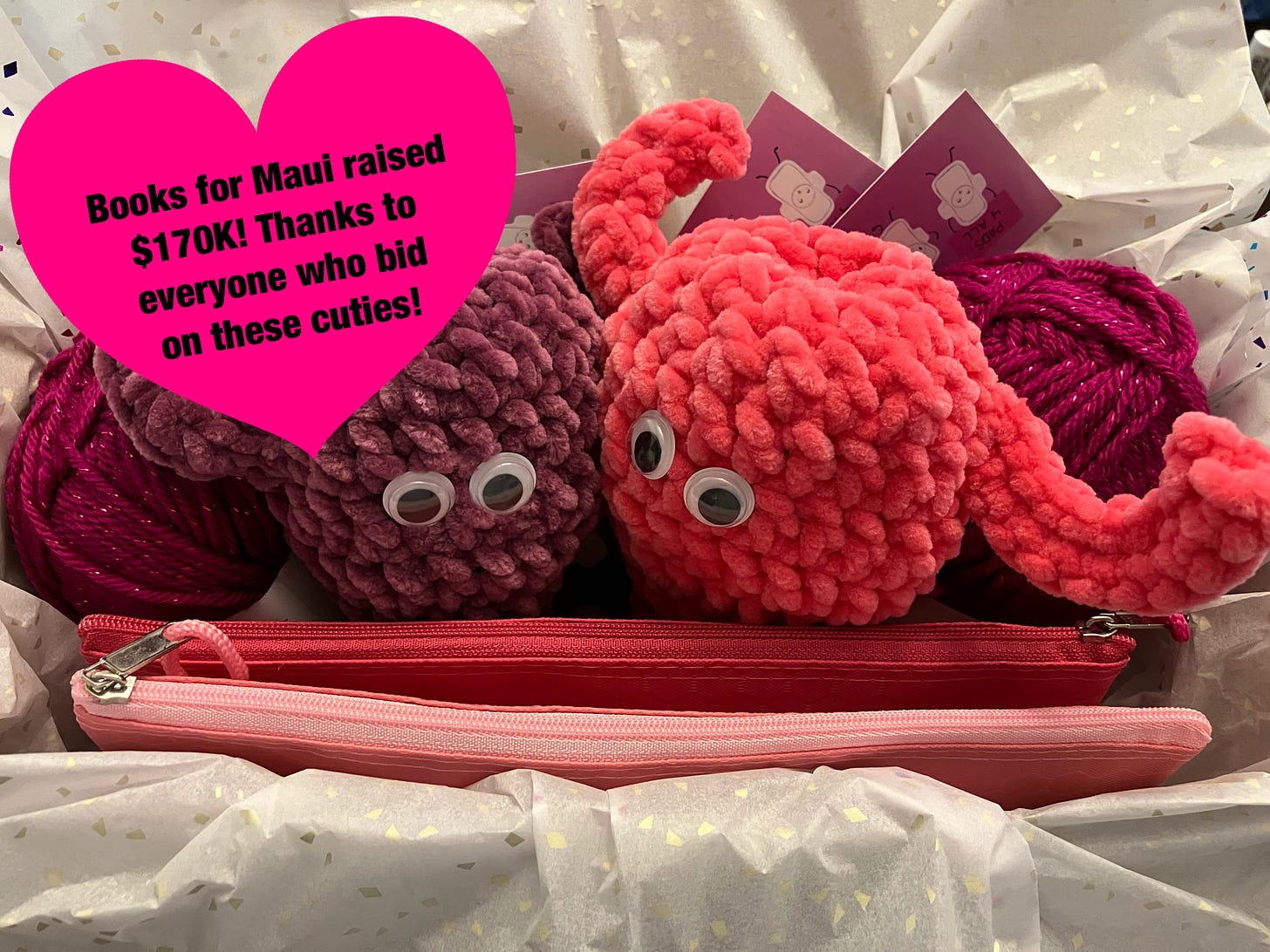 crochet cuteruses uteruses crochet kits and more wrapped in sparkle tissue paper and boxed to ship to the winning donor
