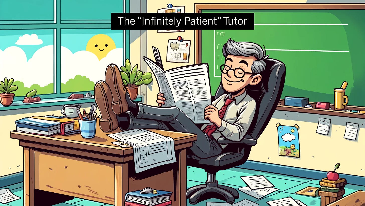 An image with the label "The infinitely patient tutor". It features a teacher reading a newspaper with his feet kicked up on a desk.