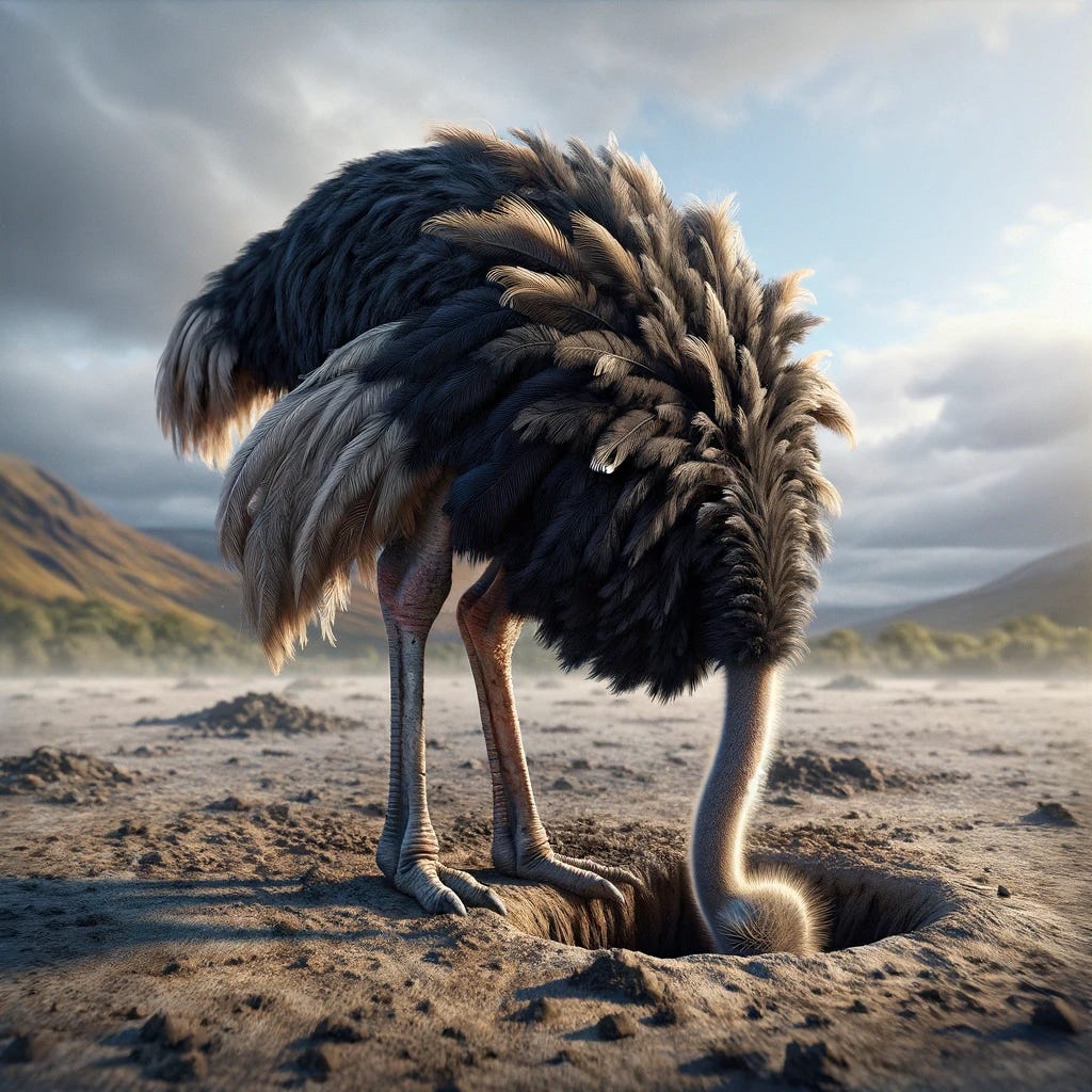 Create a hyper-realistic image of an ostrich looking towards the ground and hiding its head in a hole, as if trying to become invisible to everyone around it. The scene captures the bird in a natural setting, with detailed feathers, expressive body language, and the surrounding environment reflecting its attempt to conceal itself. The ostrich's posture should convey its classic behavior of burying its head, with a focus on realism in the depiction of its feathers, the texture of the ground, and the hole. The image should evoke a sense of the ostrich's unique character in this iconic pose.