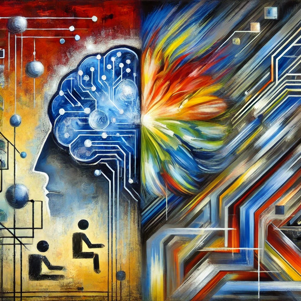 An abstract painting representing the tension between rapid AI development and the existential risks it may pose. The main object could be a stylized AI brain, composed of geometric shapes and circuitry, with contrasting elements of control and chaos. One side of the image should depict rapid growth with vibrant, sharp colors like electric blues, reds, and yellows, symbolizing acceleration and innovation. The other side should show darker, more muted tones like grays and blacks, representing existential risk and caution. The background can include a subtle nod to human governance with abstract figures or structures overseeing the AI development. The overall composition should convey a sense of conflict and balance, with expressive brushstrokes and a flat, two-dimensional appearance.