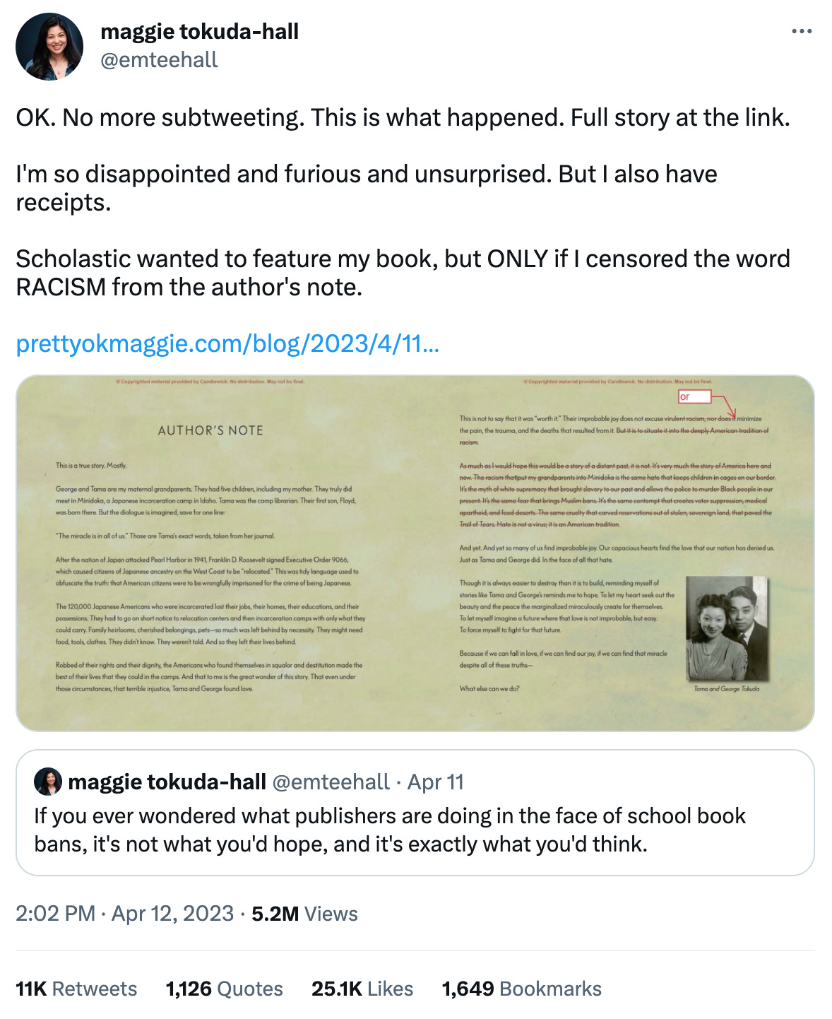 A screenshot of a tweet from Maggie Tokuda-Hall detailing racism from Scholastic