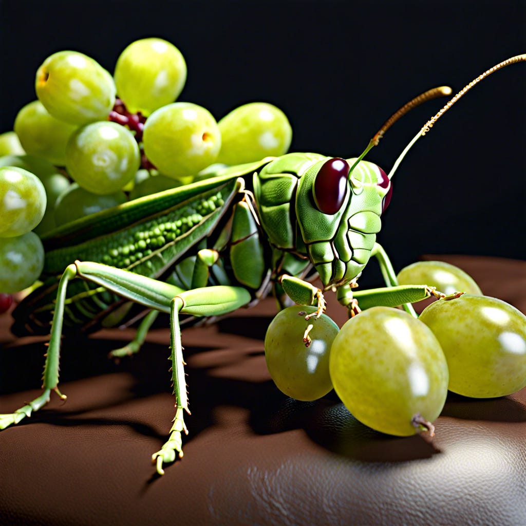 AI generated 3D image of a grasshopper eating grapes
