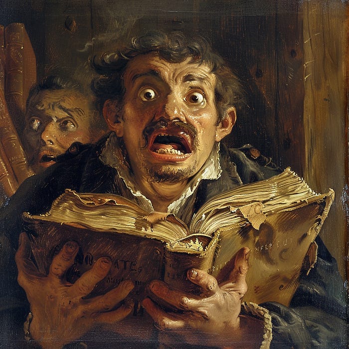 A man with a look of panic on their face, as they read a book of forbidden knowledge.