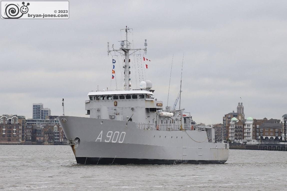 Dutch Navy submarine support ship A900 HNLMS Mercuur sails up the River Thames, London. 23-Nov-2023.