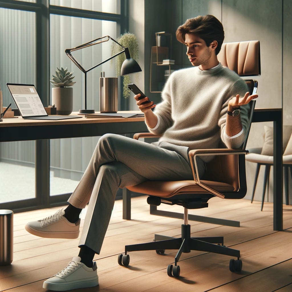 A young professional in their late twenties, exuding a relaxed yet productive aura, is depicted in a modern office space. They are comfortably seated at a sleek, minimalist desk with a high-tech, ergonomic chair that supports a healthy posture. Dressed in a smart, relaxed outfit with a soft, lightweight sweater and casual trousers, they epitomize a blend of professionalism and comfort. The professional is engaging with their smartphone in one hand, while the other hand gestures freely, perhaps explaining a concept during a video call or managing tasks with ease. The desk hosts a neatly organized workspace, with a laptop open to a productivity app, a notepad, and a stylish, eco-friendly water bottle. Natural light streams in from the window beside them, casting a warm, inviting glow on the scene. Indoor plants are strategically placed around the office, enhancing the atmosphere of calm and focus. This setting showcases the professional's ability to stay relaxed while being highly productive, navigating their digital and physical tasks with a serene confidence.