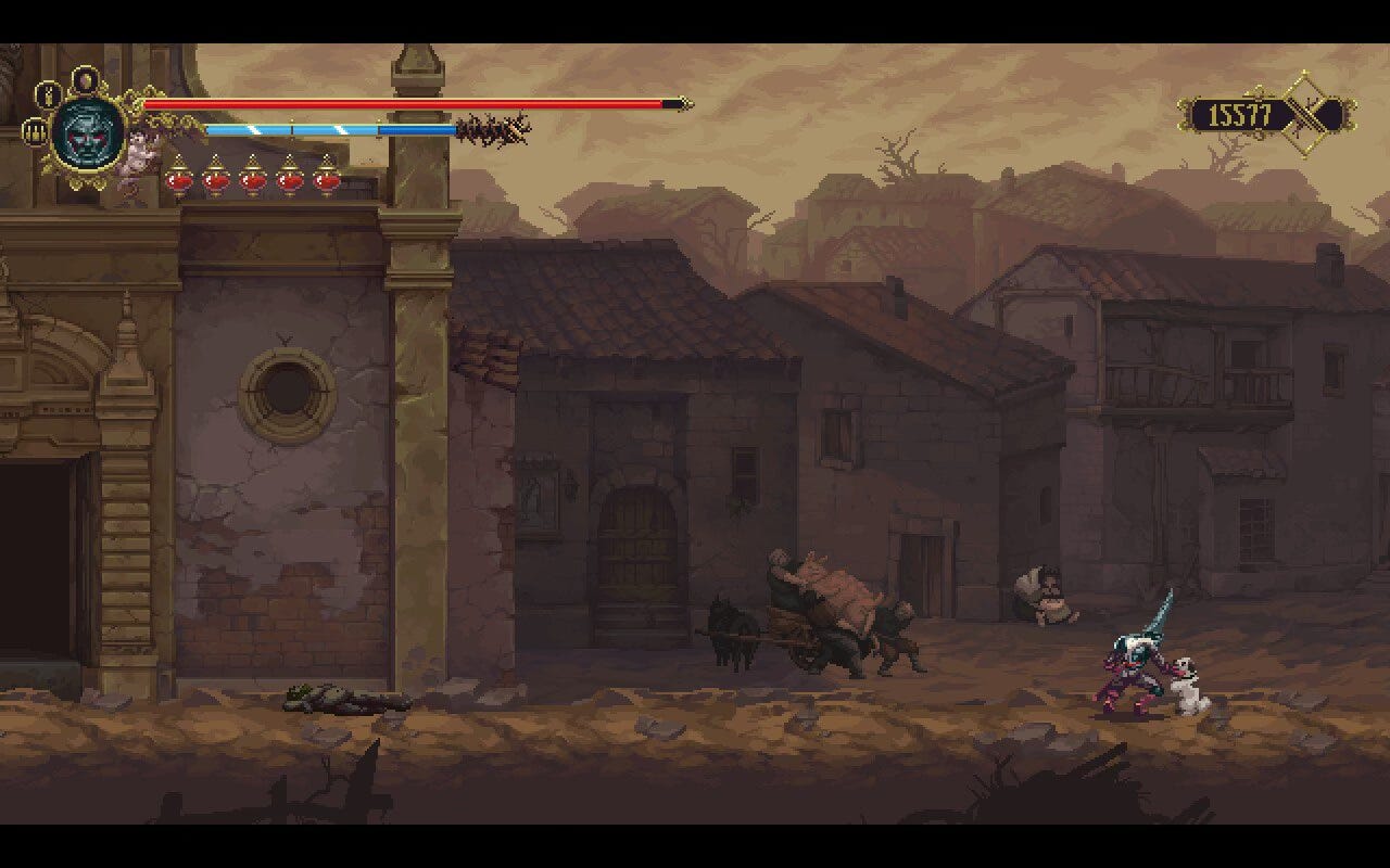 in game screenshot of Blasphemous where the character is stroking a dog