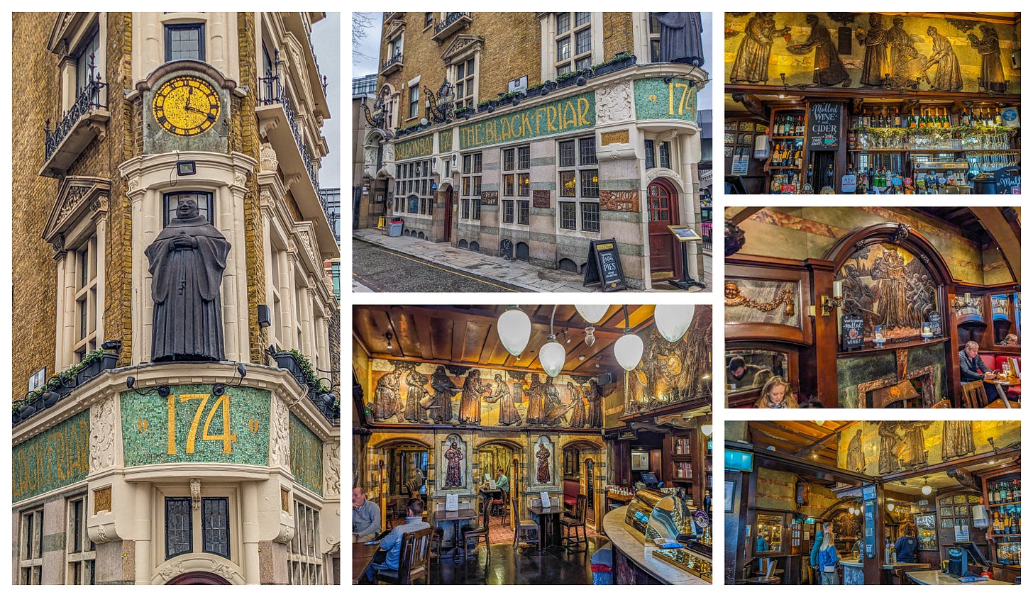 A collage of photos showing the narrow triangle-shaped exterior of the pub, plus interior photos showing murals of monks on all of the walls. 