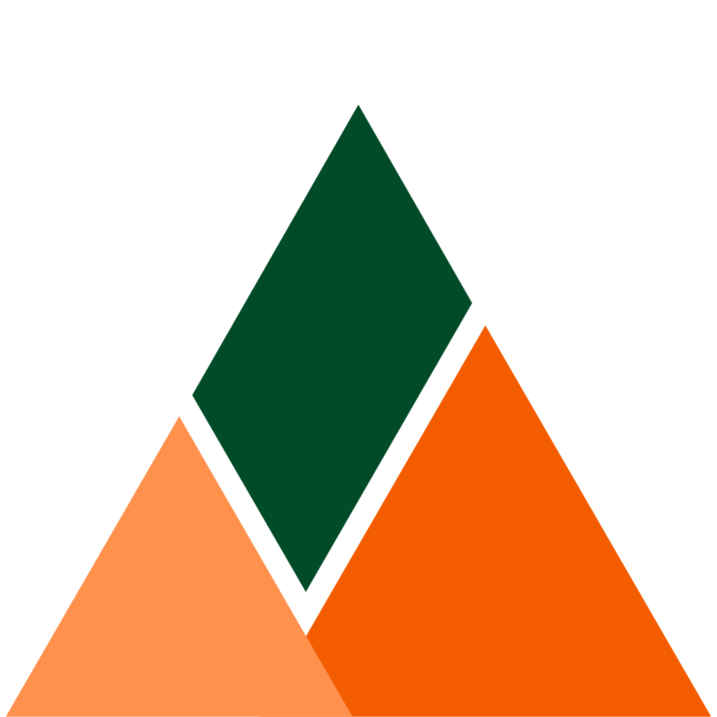 A triangle with three triangles inside, green and two different shades of orange. Between the triangles is white space in a tick shape