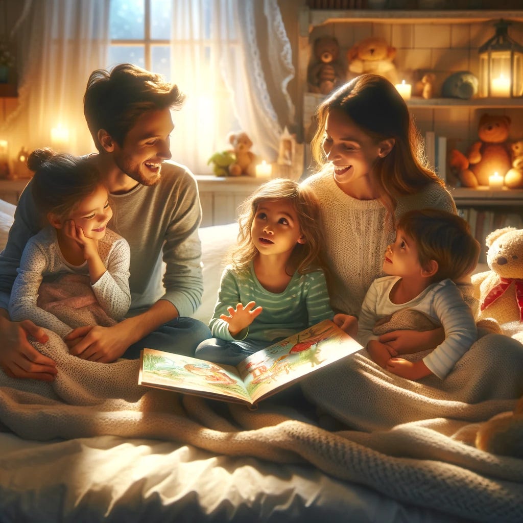 A heartwarming scene of two parents telling a bedtime story to their children in a cozy, softly lit bedroom. The children, snuggled under blankets, listen with wide eyes and smiles, captivated by the story. One parent is sitting on the edge of the bed, holding an open storybook with colorful illustrations visible, gesturing animatedly as they bring the story to life. The other parent sits beside, pointing to the pictures, adding to the enchantment. The room is filled with plush toys and gentle night lights, creating a magical atmosphere conducive to dreams and imagination. The interaction is filled with affection, warmth, and the joy of shared family moments, making this bedtime ritual a cherished memory.