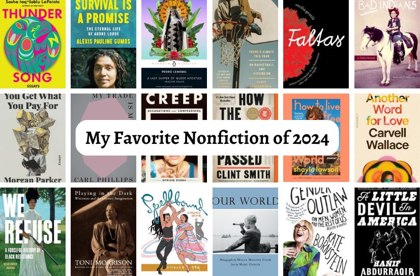 A grid of cover images of 18 of the listed books with the text ‘My Favorite Nonfiction of 2024’ superimposed in the center.