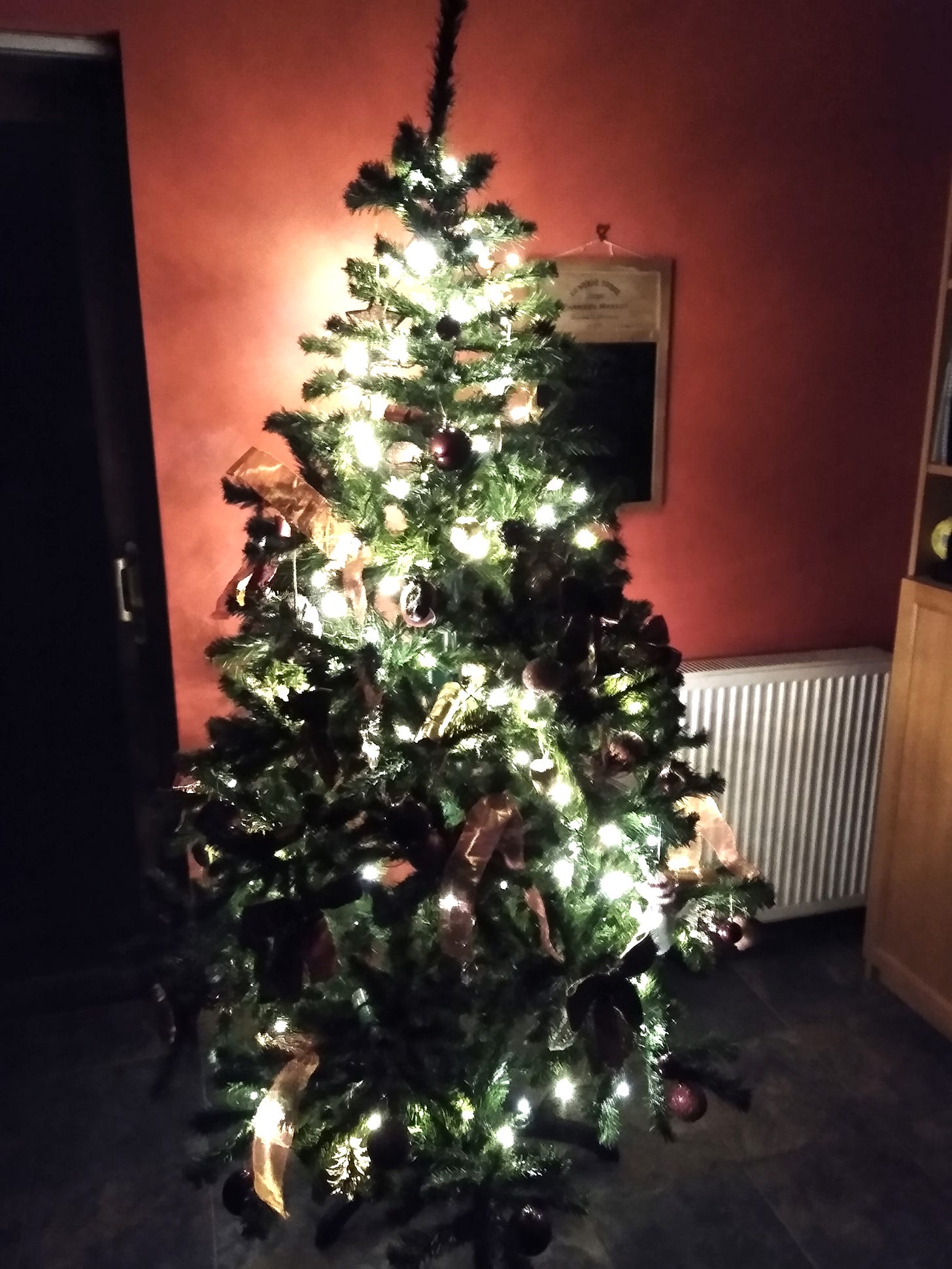 A photo of a Christmas tree festooned with lights