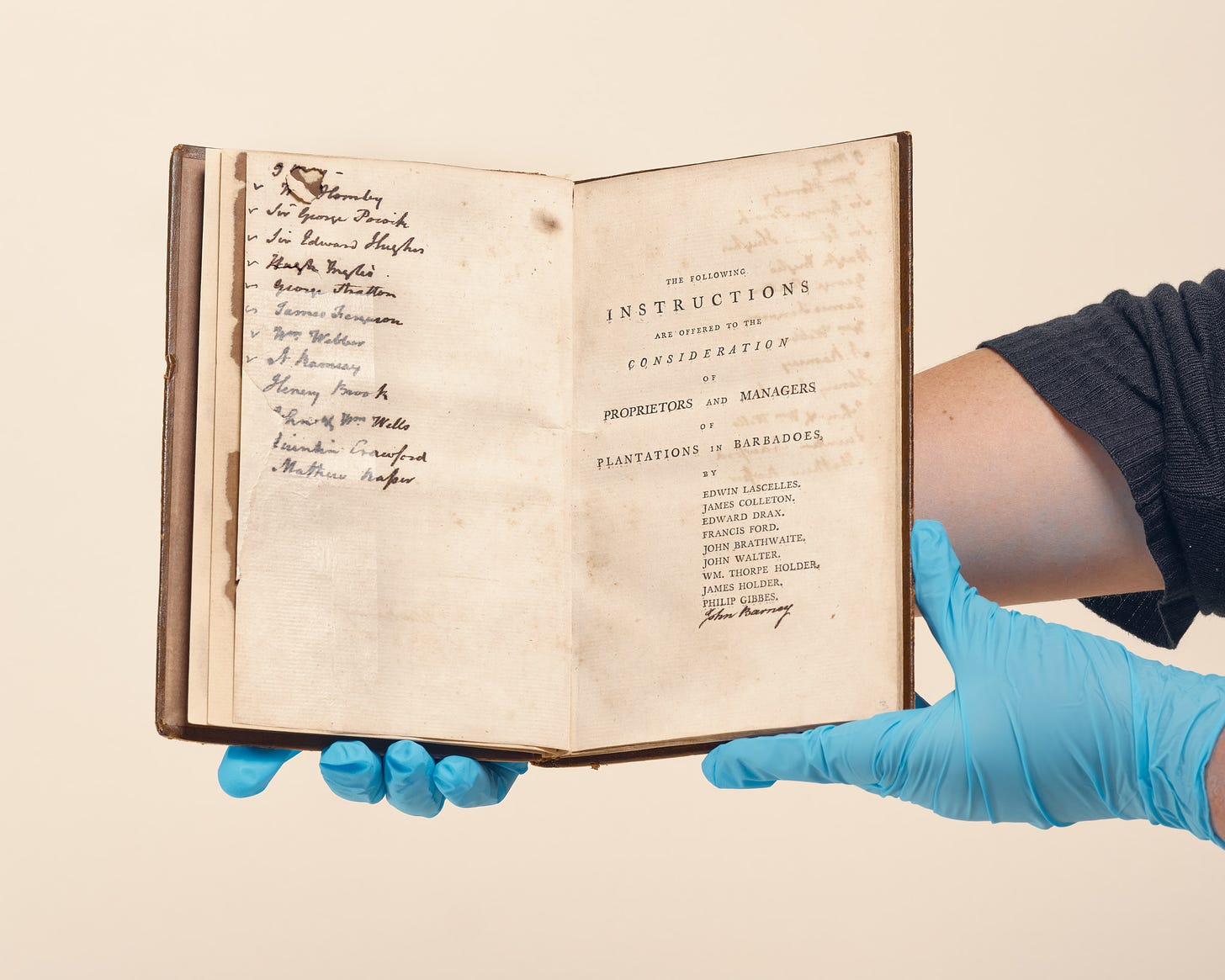 The 18th century book known as “The Instructions,” co-authored by Edward Drax, Edwin Lascelles, and others, at the Barbados Historical Society. (Christopher Gregory-Rivera for TIME)