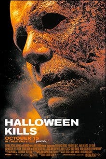 Halloween Kills poster with Michael Myers finally getting a close-up up just himself. He's painfully shy.