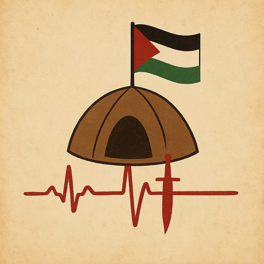 Pulse check logo with a tent and a Palestinian flag above it. 