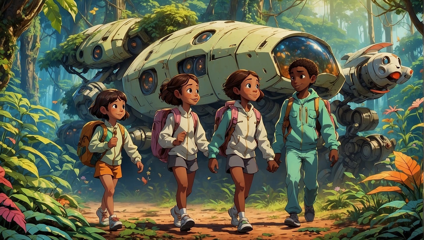 Futuristic scene of 3 schoolchildren (1 x Japanese 1x African 1x Middle Eastern), each person has a friendly companion robot. They are walking through a dense and beautiful rainforest. Show colourful creatures and colourful natural elements such as plants, butterflies and bees.