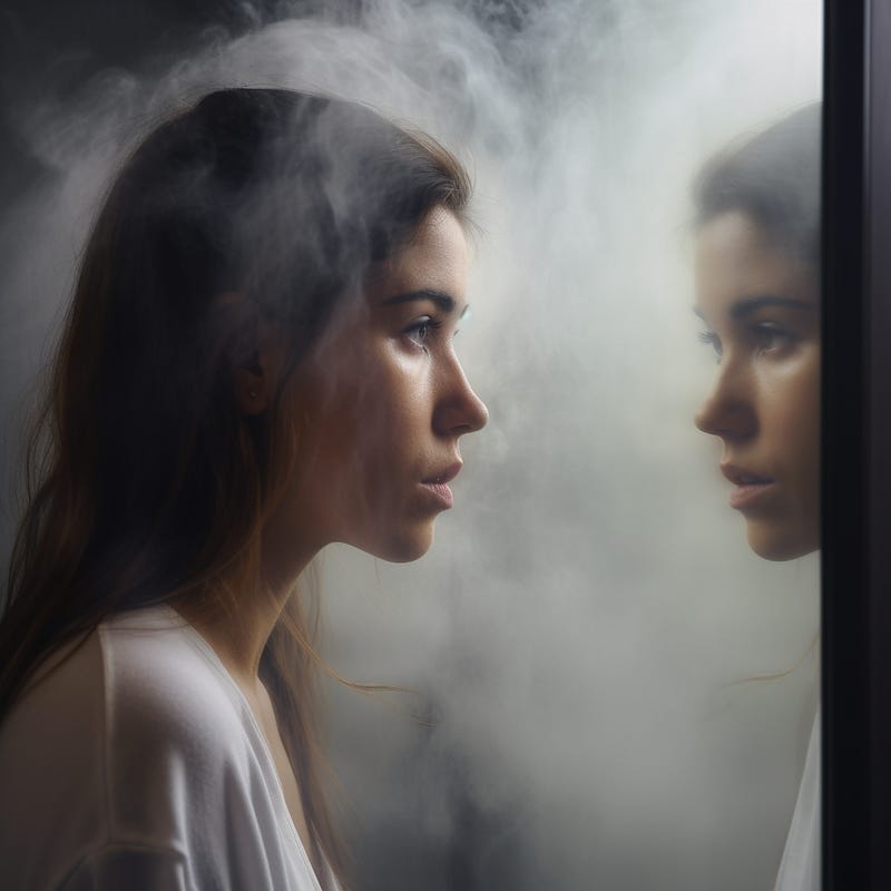 A young woman gazing into a steamy mirror.