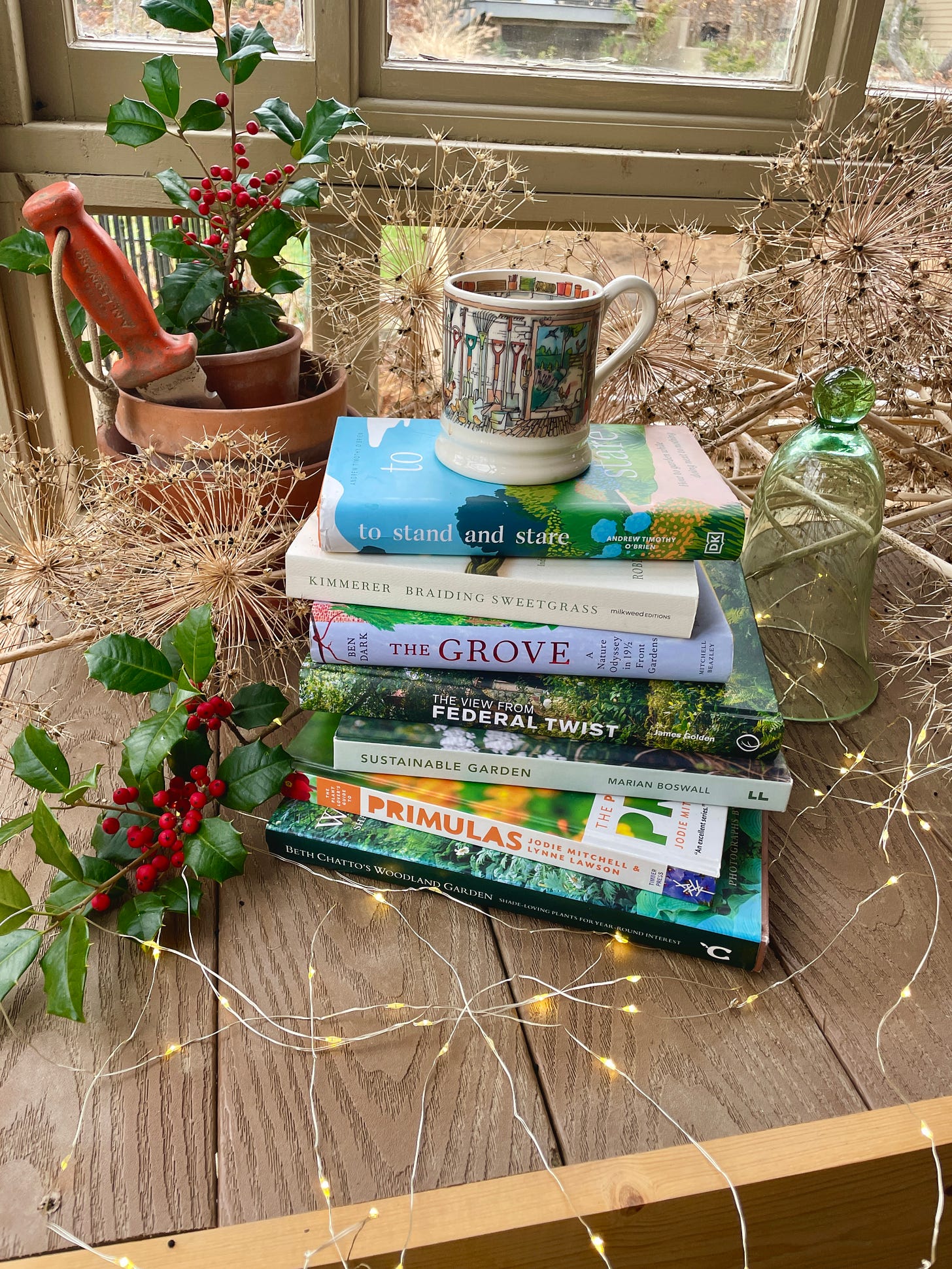 My Emma Bridgewater mug, soil knife and a hardy book stack for Christmas 2024. 