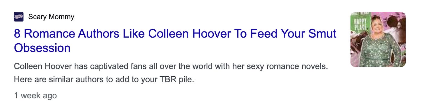 Screenshot of a Scary Mommy article titled: 8 romance authors like Colleen Hoover to feed your smut obsession.