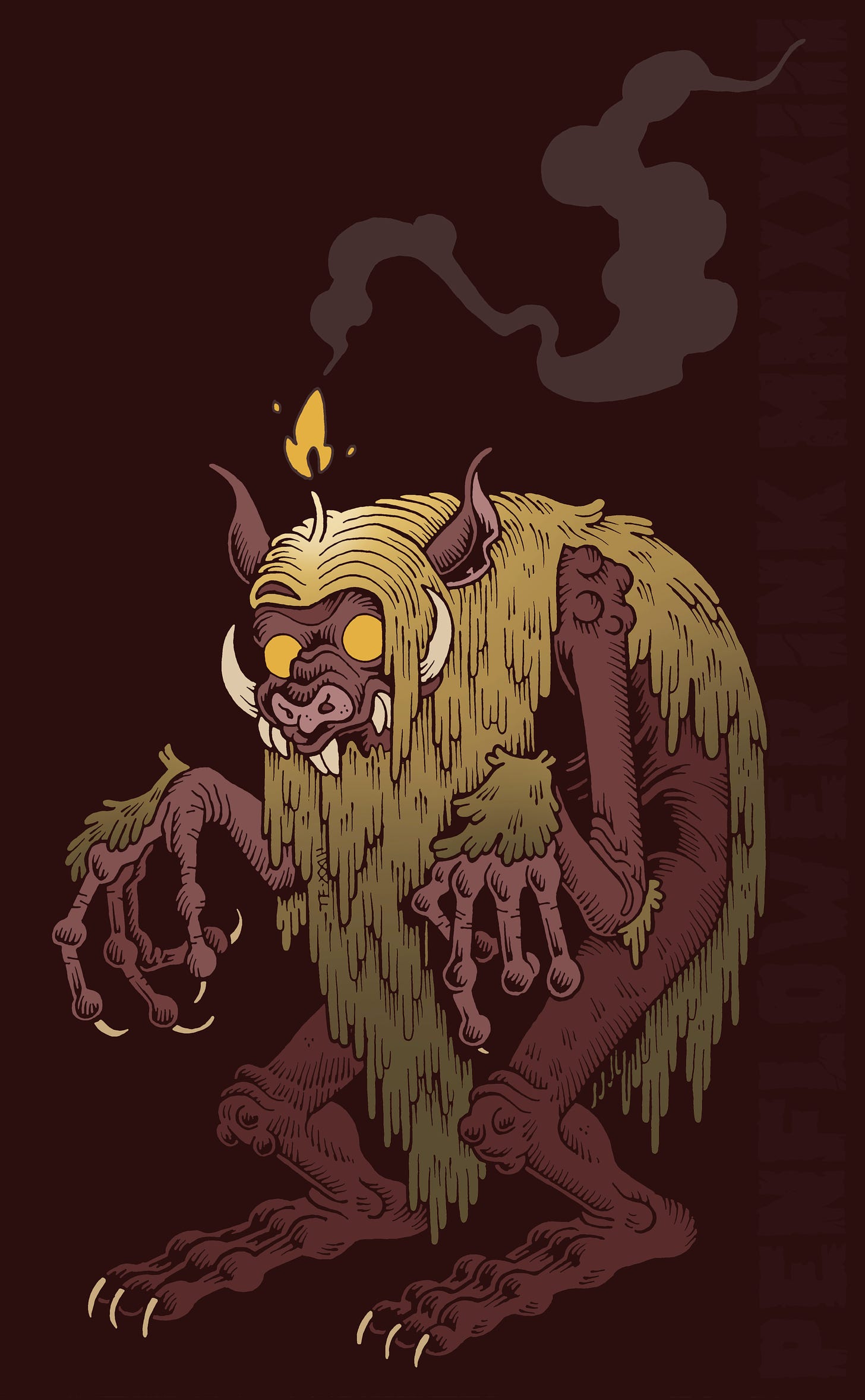 Traditionally hand-drawn and digitally coloured illustration of a large, shaggy humanoid creature with long, spindly clawed fingers and toes, porcine features and large round glowing eyes. A small flame flickers above their head, leaving behind a curling trail of smoke.