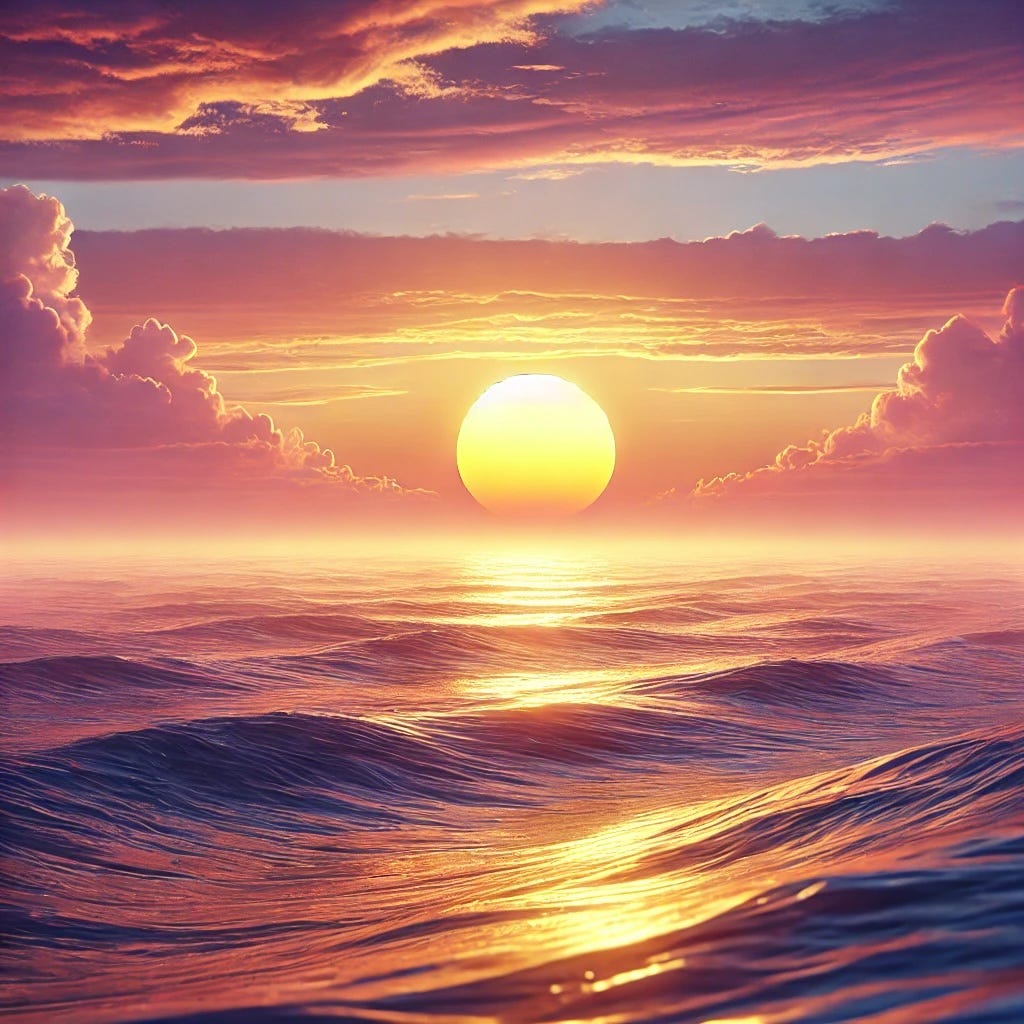 A sunrise over a choppy ocean. The sunrise features pink, yellow and orange hues. A sunrise over a choppy ocean. The sunrise features pink, yellow and orange hues.