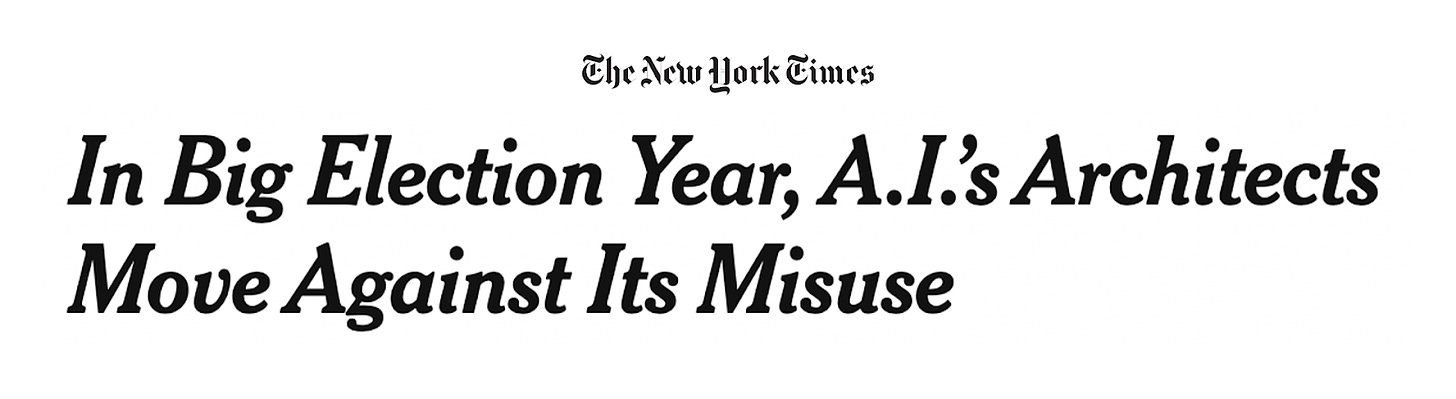 The New York TImes Headline: "In Big Election Year, A.I. Architects Move Against Its Misuse"