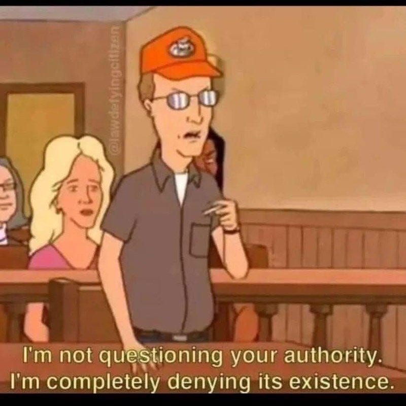 Dale Gribble stands in a courtroom, testifying. He's saying "I'm not questioning your authority. I'm completely denying its existence."