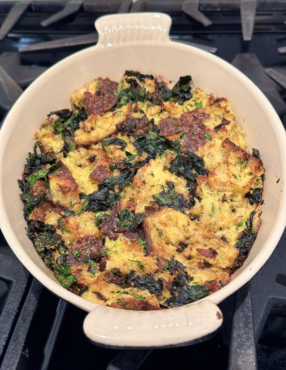 Leek and Onion Bread Pudding with Savory Fall Greens