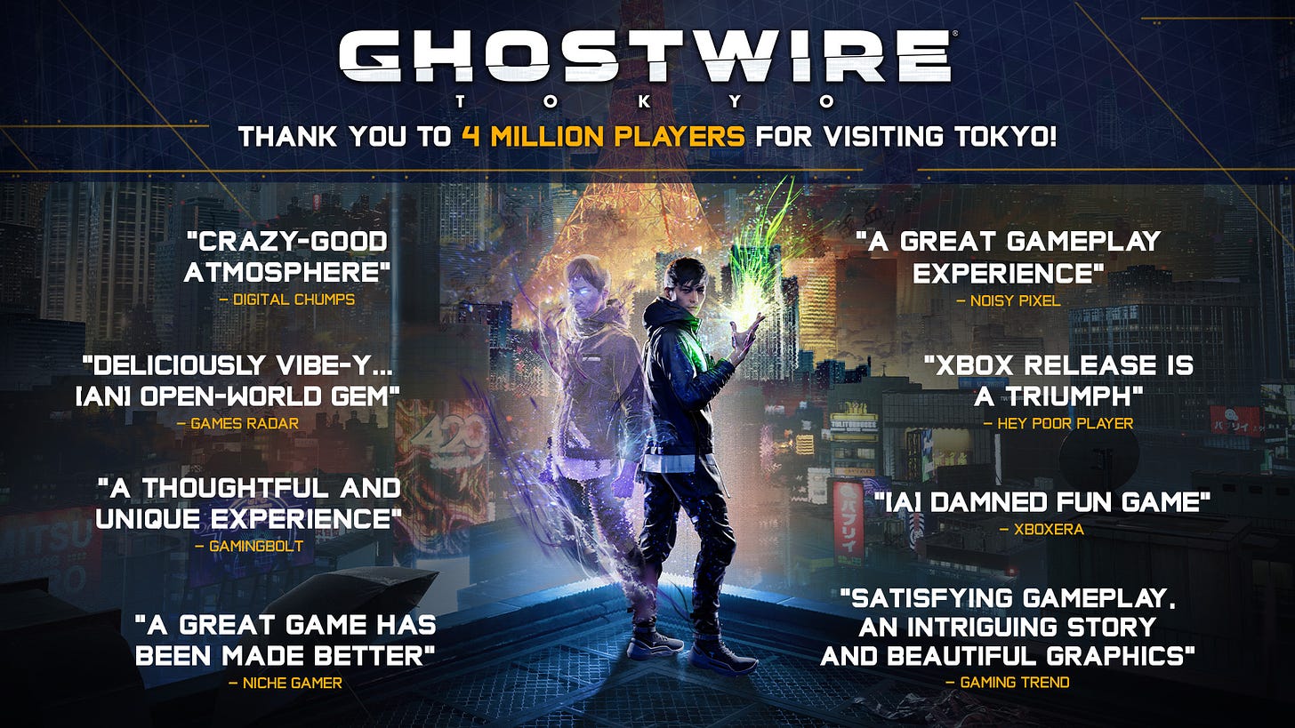 The Ghostwire: Tokyo Spider's Thread Update art of Akito and KK, with a "Thank you to 4 million players for visiting Tokyo!" message and quotes from reviews of the update.