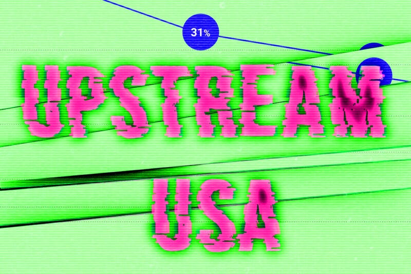 Bright green background with pink block letters reading "UPSTREAM USA." The letters look slightly blurred.
