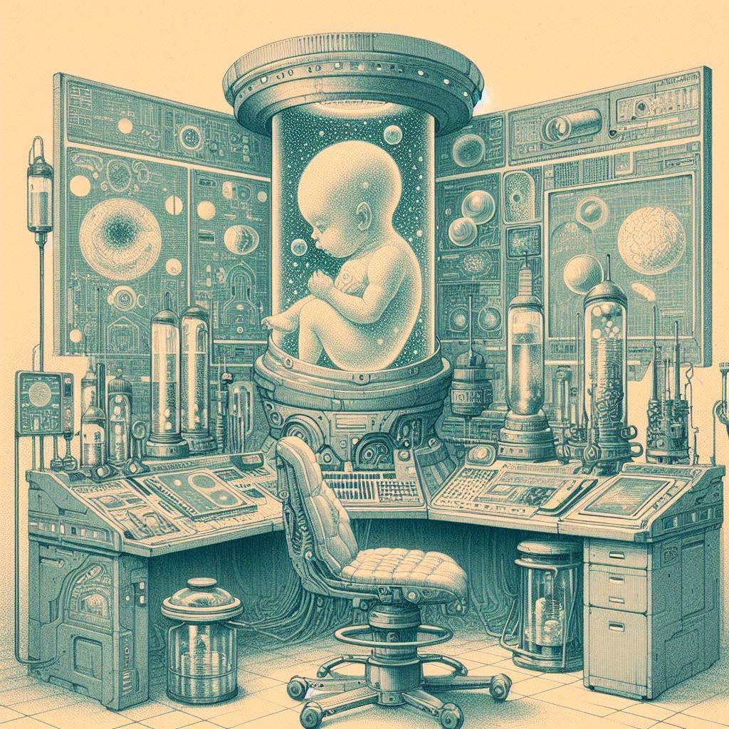 amniotic fluid lab, 60s sci fi drawing
