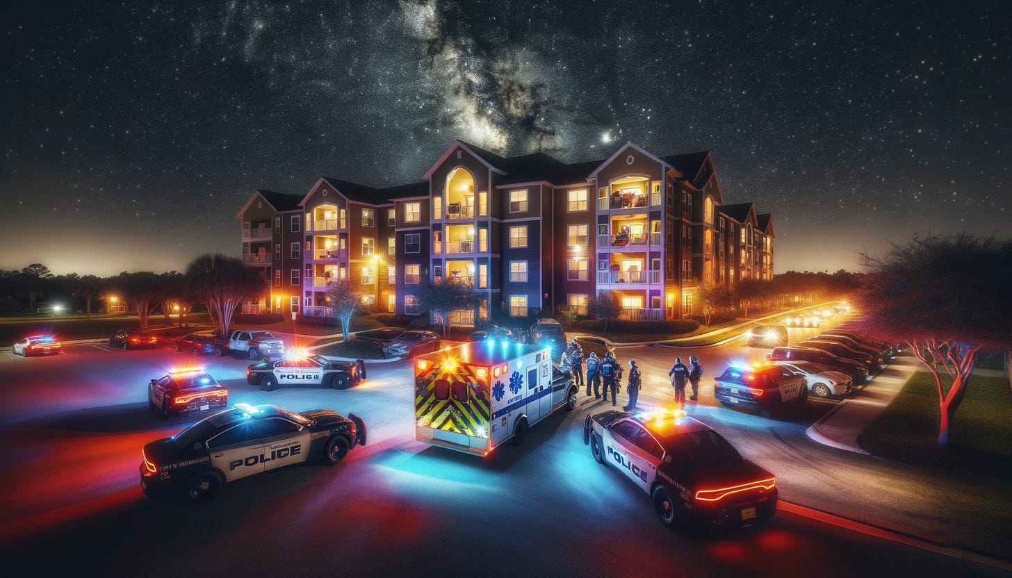 A photographic depiction of Woodlake Village Apartments in Palm Bay, FL at night, illuminated by the flashing lights of multiple police cars and the bright headlights of an arriving ambulance. Officers are seen coordinating the area, with a focus on the dynamic interaction between the emergency services and the apartment complex. The night sky, dotted with stars, contrasts with the artificial lights, creating a vivid tableau of colors. Created Using: high-resolution digital photography, emergency scene realism, dynamic lighting, attention to detail in emergency vehicles, realistic human postures, contrast between natural and artificial light, night photography techniques, ambient urban environment.