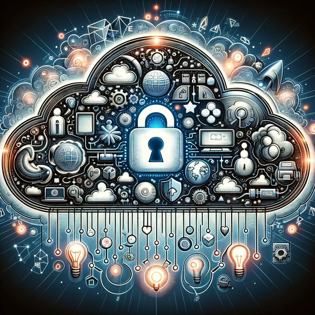 An intricate illustration that captures the multifaceted role of cloud technology in records management. The image should display a large, central cloud symbol, intricately connected to various elements that represent different aspects of records management - security, accessibility, collaboration, scalability, and innovation. Each aspect is visualized by distinct symbols: a padlock for security, a globe for accessibility, interconnected human figures for collaboration, an expanding arrow for scalability, and a light bulb for innovation. These symbols are connected to the cloud through digital data streams, signifying the seamless integration of these capabilities within the cloud infrastructure. The overall aesthetic should be futuristic and digital, highlighting the transformative power of cloud technology in modernizing records management practices.