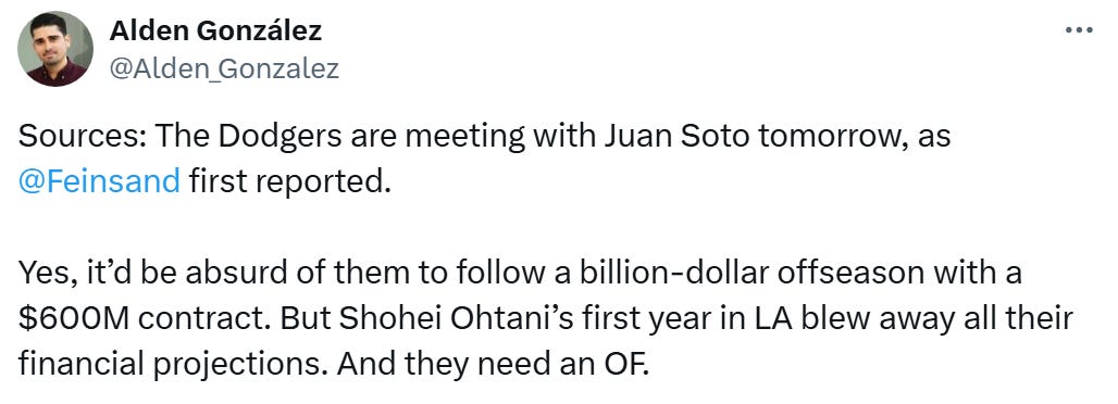 Sources: The Dodgers are meeting with Juan Soto tomorrow, as  @Feinsand  first reported.  Yes, it’d be absurd of them to follow a billion-dollar offseason with a $600M contract. But Shohei Ohtani’s first year in LA blew away all their financial projections. And they need an OF.