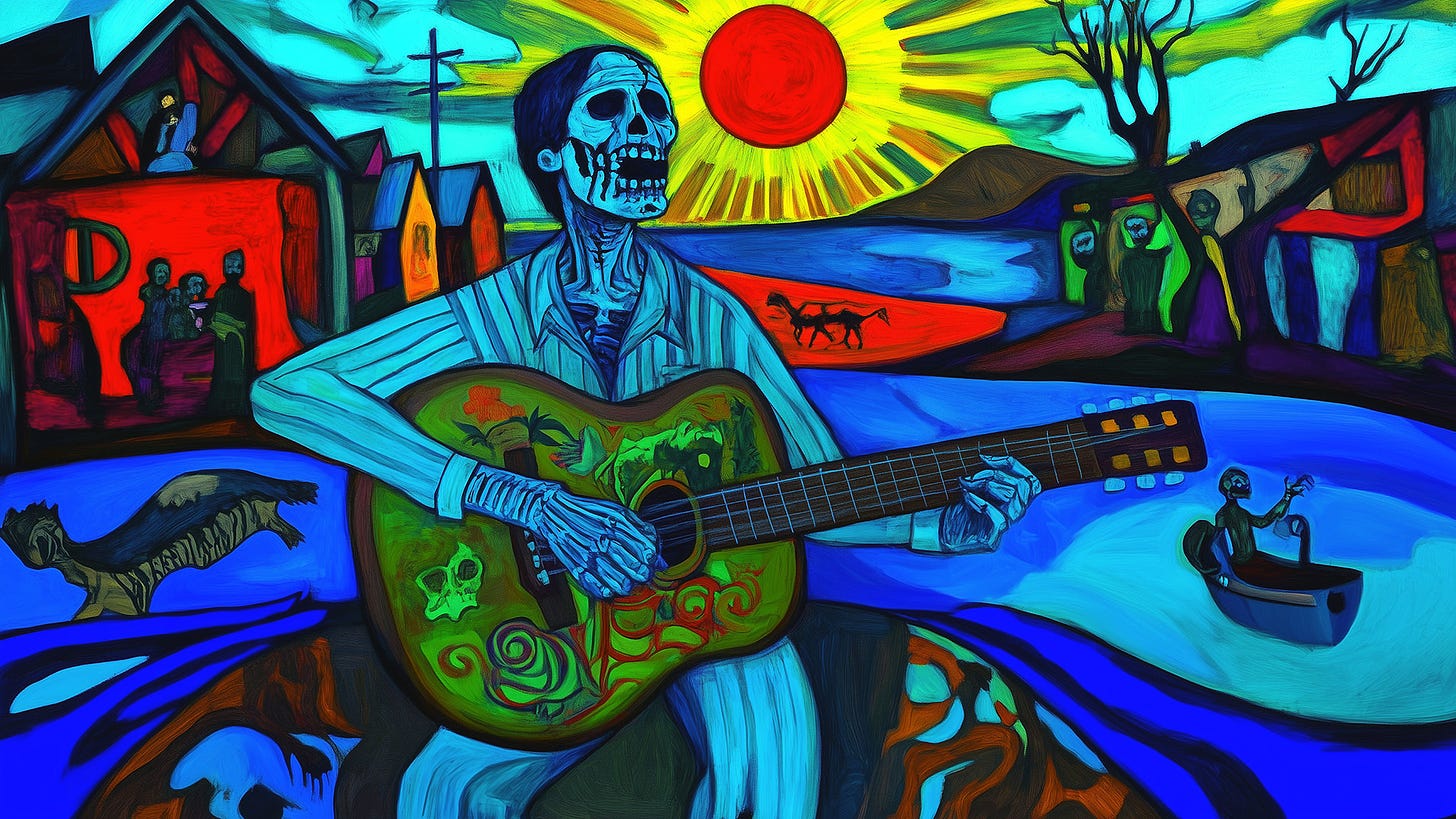 A zombie musician in striped prison garb plays guitar against a surreal landscape. The vibrant expressionist style features electric blues, blazing reds, and deep purples. Background elements include shadowy figures in a red house, a distant dog, and figures in boats on flowing water. The decorated guitar features skulls and roses. The composition evokes themes of confinement, performance, and isolation while the psychedelic colors suggest both intensity and despair - reflecting the poem's exploration of burnout and forced transformation.