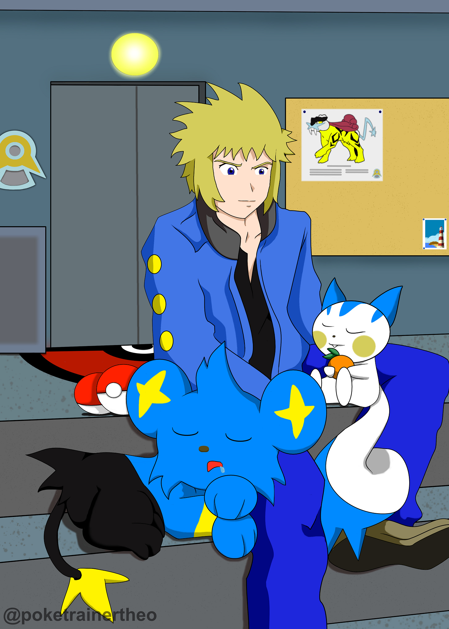 Art of Gym Leader Volkner, with his sleeping Pokémon Pachirisu and Luxray